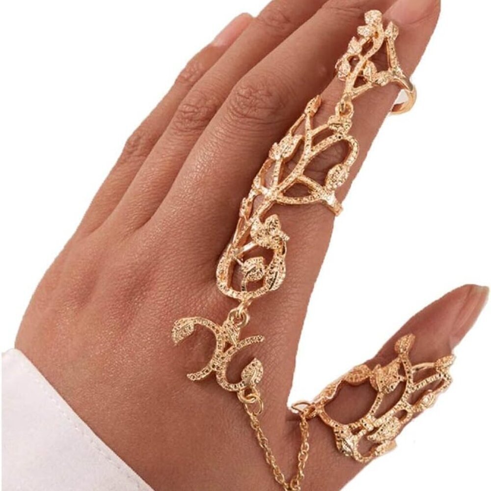 Dainty Gold Metal Crystal Adjustable Full Finger Ring Hand Chain for Women